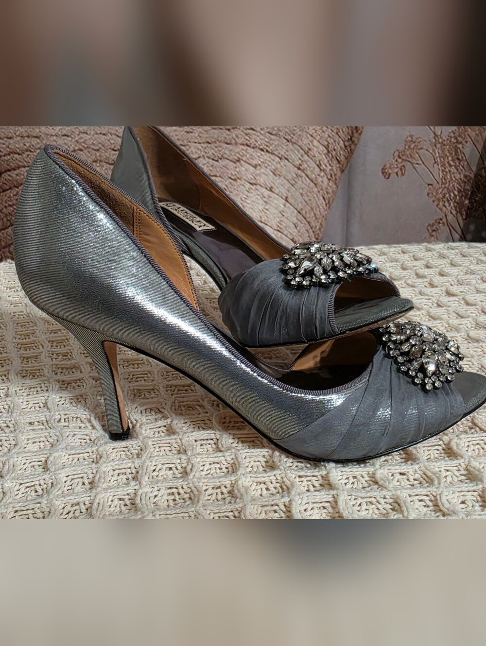 Badgley Mischka Metallic Gray Jeweled Peep-Toe Heels 8m
